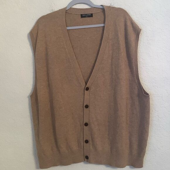Kallspin Men’s Vest Cashmere Wool Blend Tan V-Neck Button Sleeveless Size 3XL - Picture 1 of 7